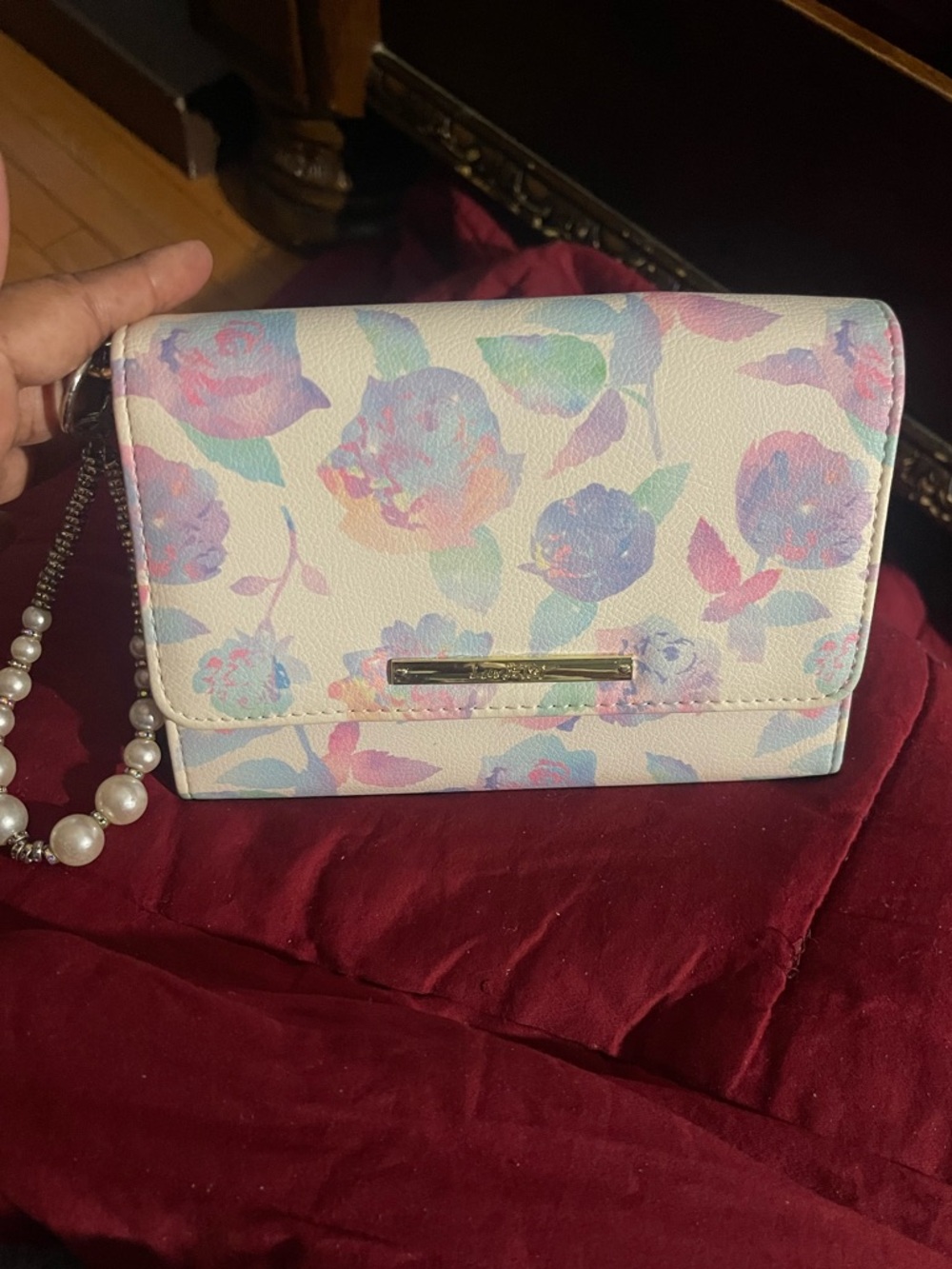 Betsey Johnson White Floral Wristlet Clutch with Pearl Strap